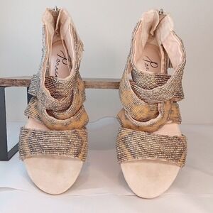Pencey Beaded Gladiator Sandals Womens 7 Tan Silver Good Tassel Boho Flat Shoes